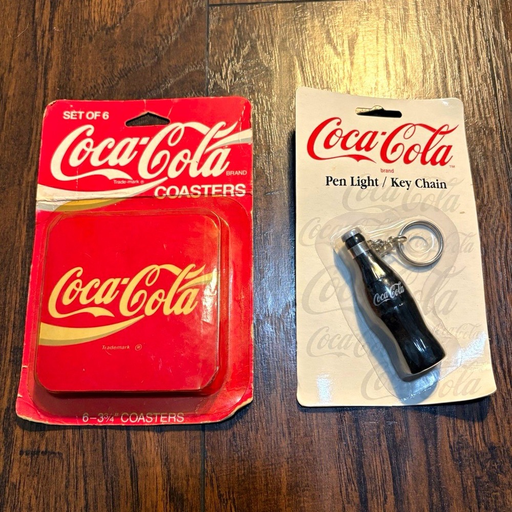 Vtg Coca-Cola Coaster Set of 6 & 1997 Bottle Pen Light Keychain Bundle